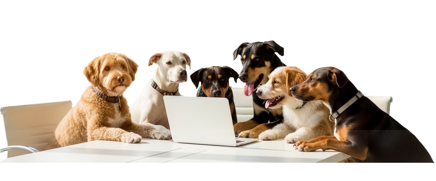 Dogs in conference room with laptop